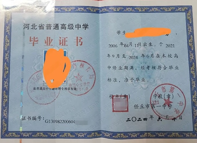 武汉任丘市第一中学高中毕业证样本图片