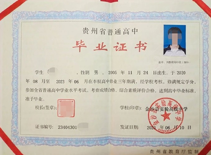 武汉金沙县实验高级中学高中毕业证样本