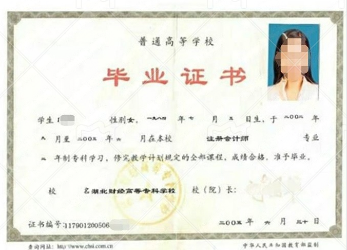 武汉湖北财经高等专科学校毕业证样本图片